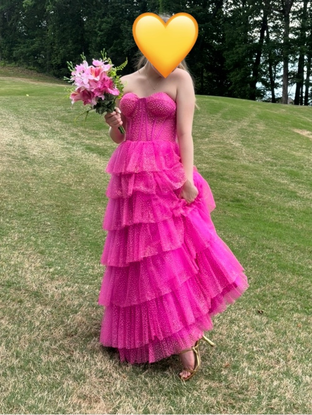 Dave & Johnny Vibrant Hot Pink Strapless Tiered Tulle Gown